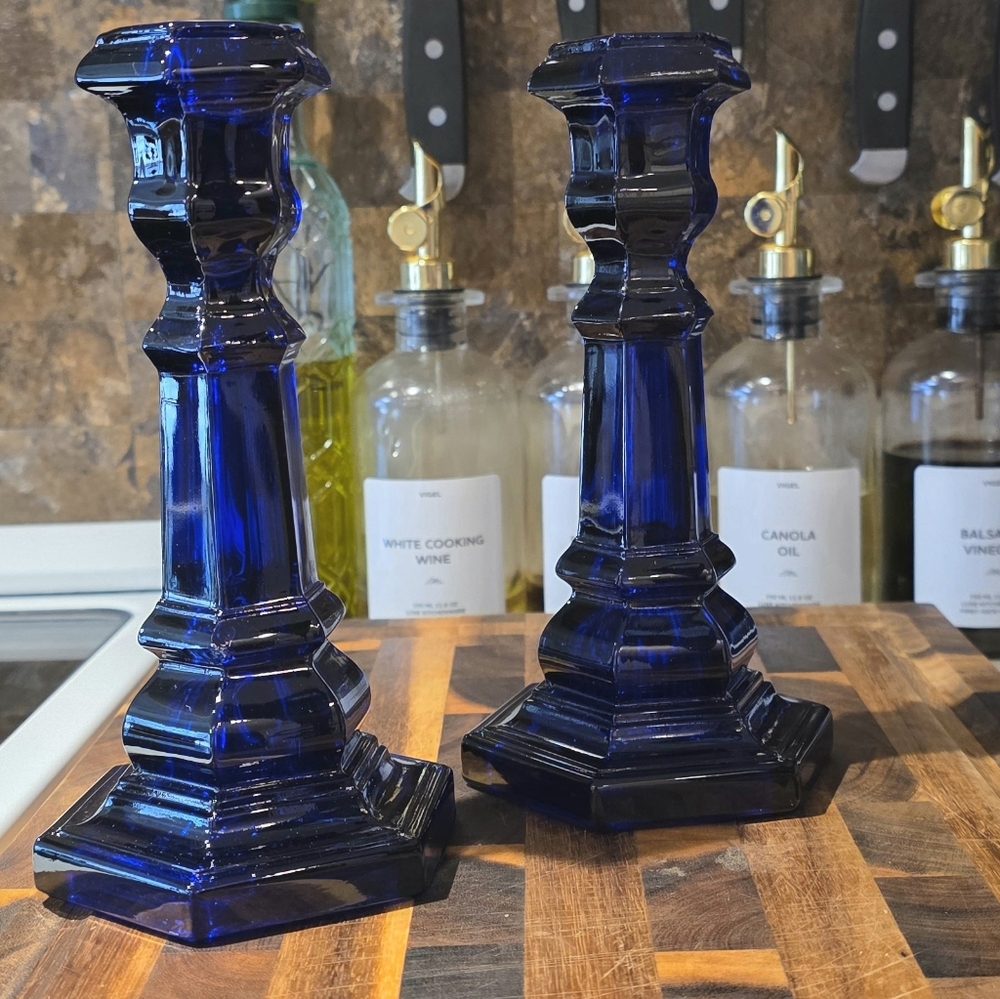MMA STAMPED COBALT CANDLESTICK HOLDERS